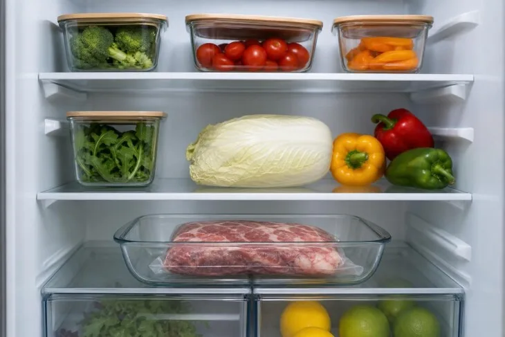 Carne em embalagem fechada descongelando em recipiente fundo na prateleira inferior da geladeira.
