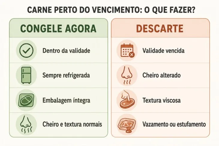 Infográfico mostra os sinais para congelar ou descartar carne perto do vencimento.