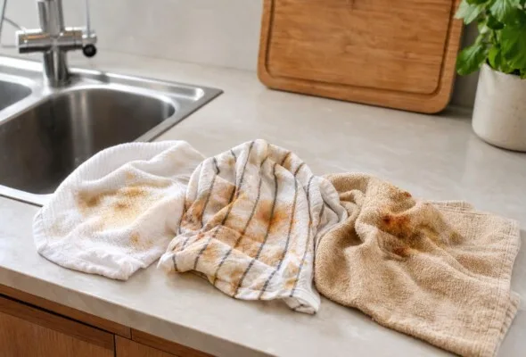Panos de cozinha encardidos: como tratar manchas antes da lavagem