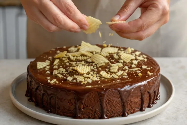 Mãos colocam pedaços de batata chips sobre bolo coberto com ganache de chocolate.
