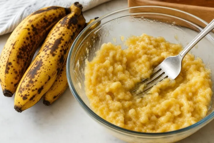Banana bem madura amassada em tigela para preparar bolo.