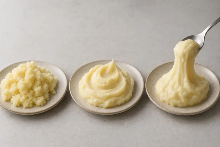 Comparação visual entre purê de batata seco, cremoso e com textura elástica.