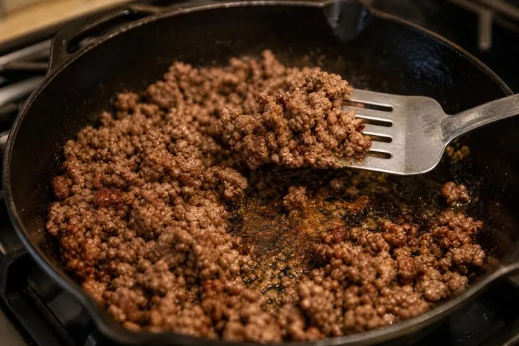 Espátula levantando carne moída dourada e mostrando o fundo da frigideira quase seco.