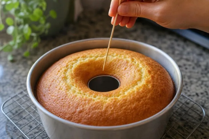 Palito verifica o centro de um bolo de limão dourado ainda na forma.