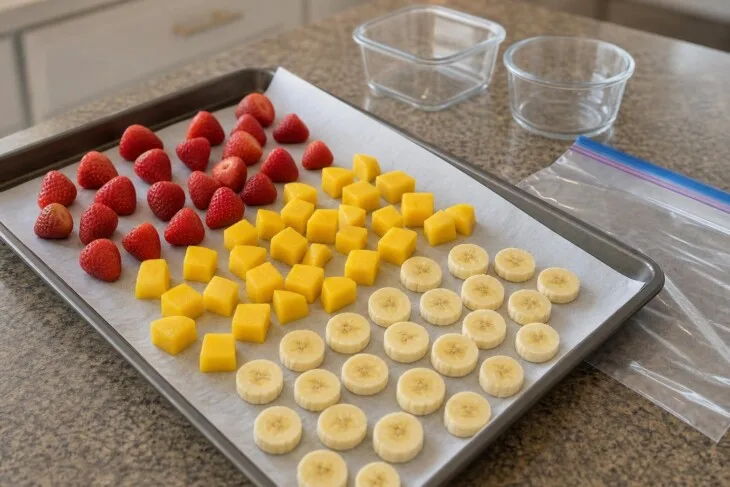 Morangos, manga e banana separados em assadeira para pré-congelamento.