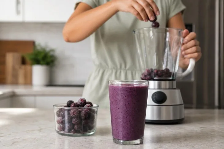 Mãos colocando uvas congeladas em liquidificador para preparar vitamina.