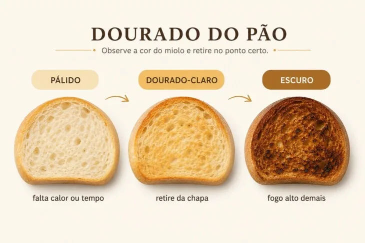 Infográfico com três estágios de dourado do pão na chapa: pálido, dourado-claro e escuro.