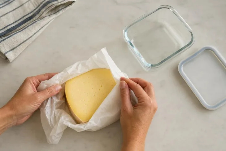 Pessoa envolve a parte cortada de um queijo semiduro em papel antes de guardá-lo.
