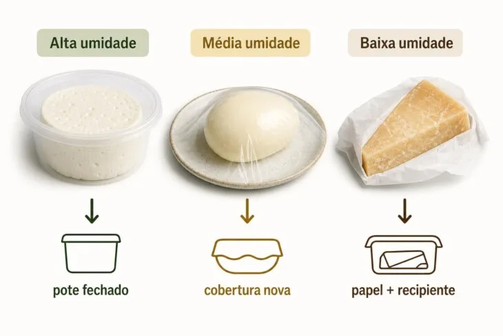 Infográfico mostra embalagens adequadas para queijos de alta, média e baixa umidade.
