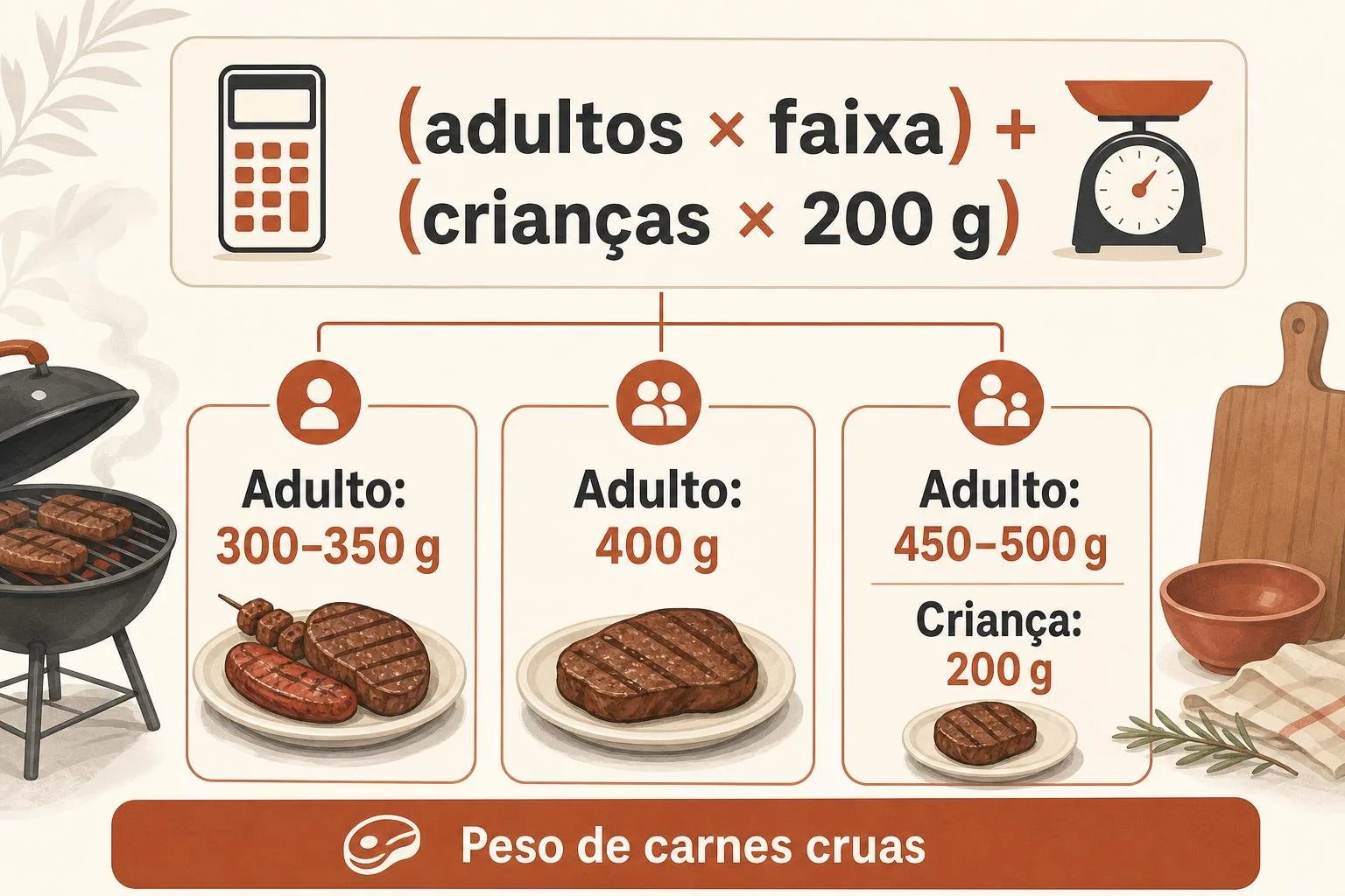 Infográfico com faixas de quantidade de carne crua por adulto e criança para churrasco.