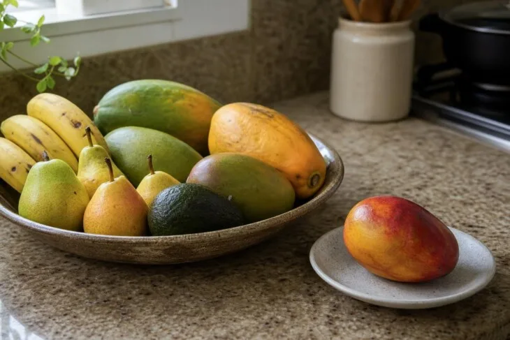 Frutas como banana, pera, manga e abacate amadurecendo em fruteira sobre a bancada.