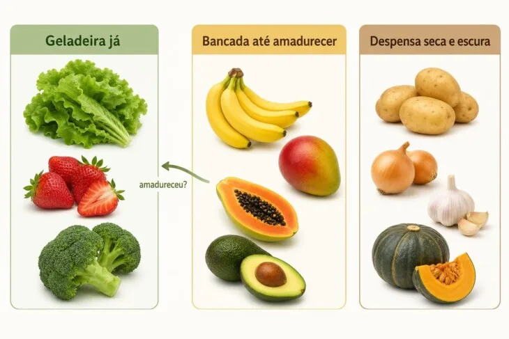 Infográfico indica quais frutas e vegetais vão para a geladeira, a bancada ou a despensa.