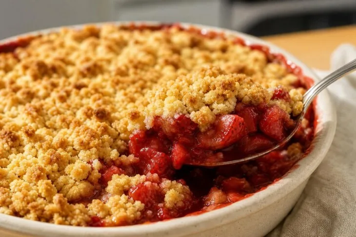 Crumble de morango dourado com recheio borbulhante.