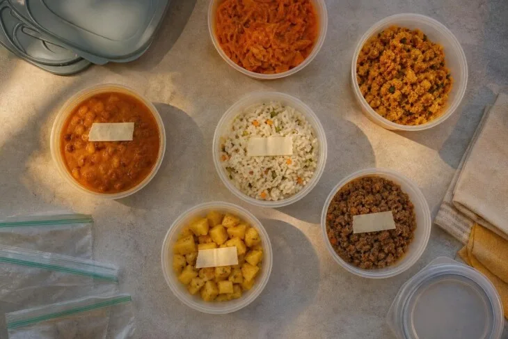 Porções de comida cozida em potes fechados prontas para refrigerar ou congelar.