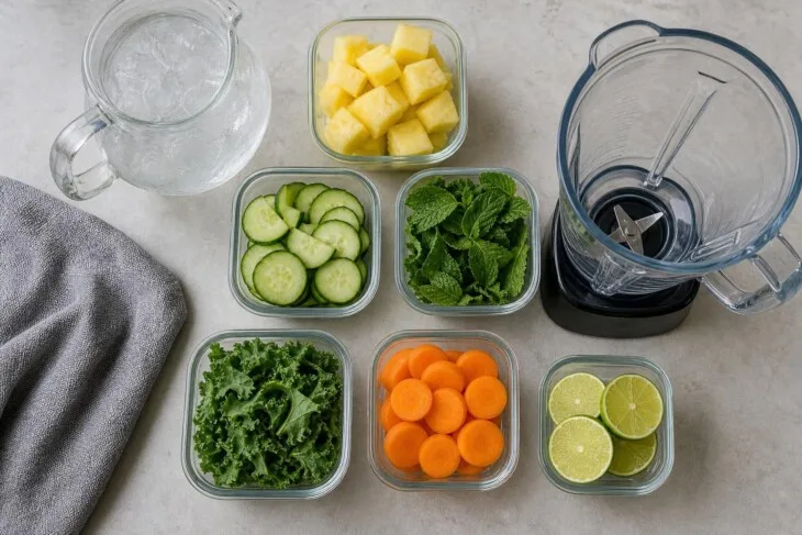 Ingredientes porcionados para preparar sucos com frutas, verduras e legumes.