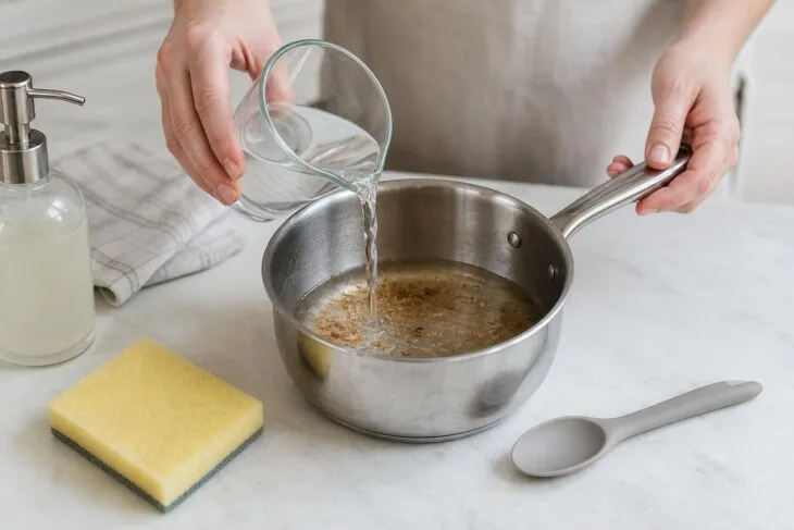 Panela com água amolecendo resíduos de açúcar grudados no fundo.