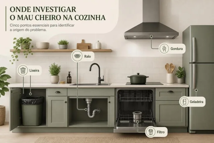 Infográfico mostra lixeira, ralo, geladeira, filtro e coifa como fontes comuns de odor.