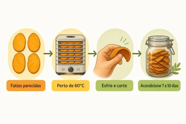 Infográfico com as etapas para secar frutas e verificar a umidade antes de armazenar.