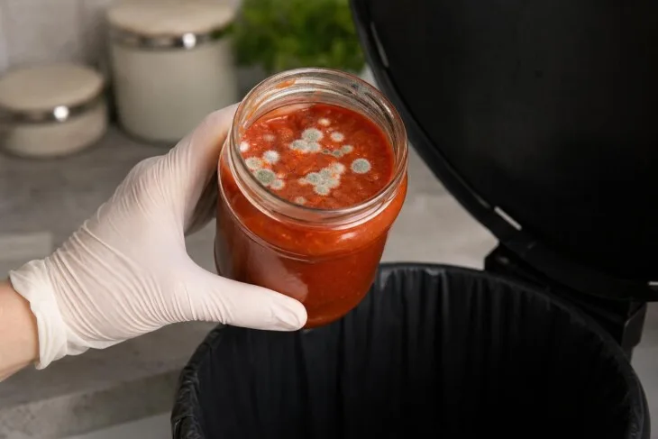 Molho de tomate com pontos de mofo visíveis sendo descartado.