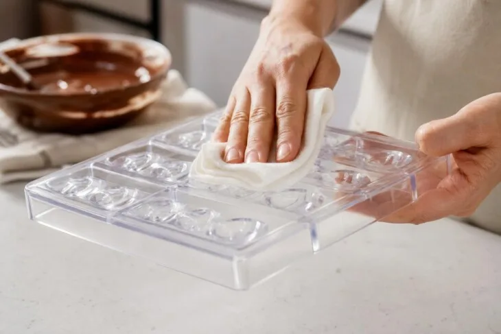 Pessoa limpando e secando uma forma rígida de bombons com pano sem fiapos.