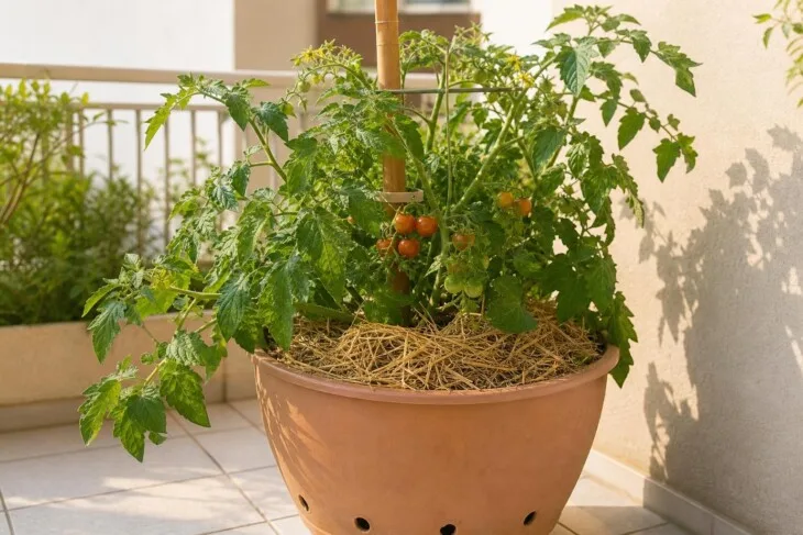 Tomateiro em vaso grande com cobertura de palha sobre o substrato.