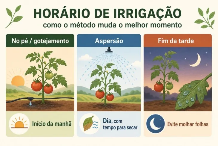Infográfico compara os horários recomendados para regar tomateiros no pé, por gotejamento e por aspersão.