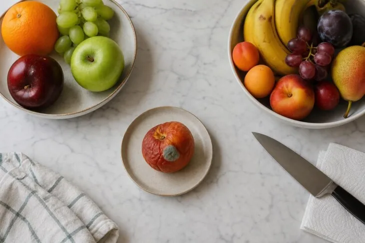 Fruta com mofo isolada de outras frutas íntegras sobre uma bancada.
