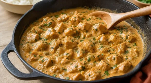 Frango cremoso em uma panela: jantar fácil com molho bem temperado