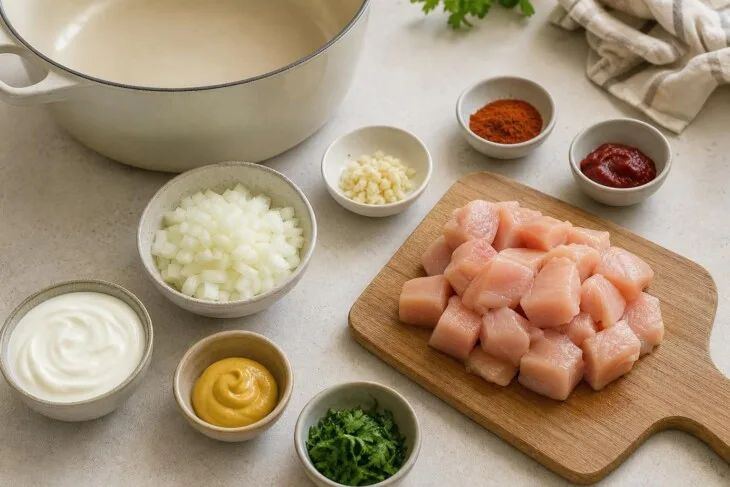Ingredientes separados para preparar frango cremoso em uma panela.