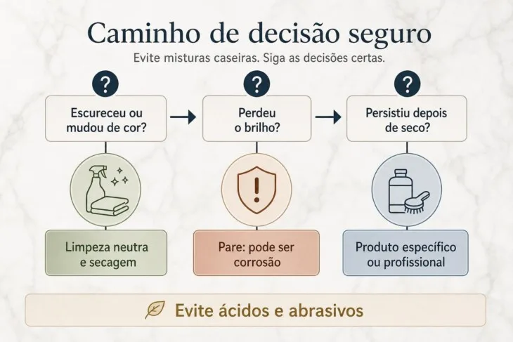 Infográfico com decisões para identificar e tratar marcas no mármore.