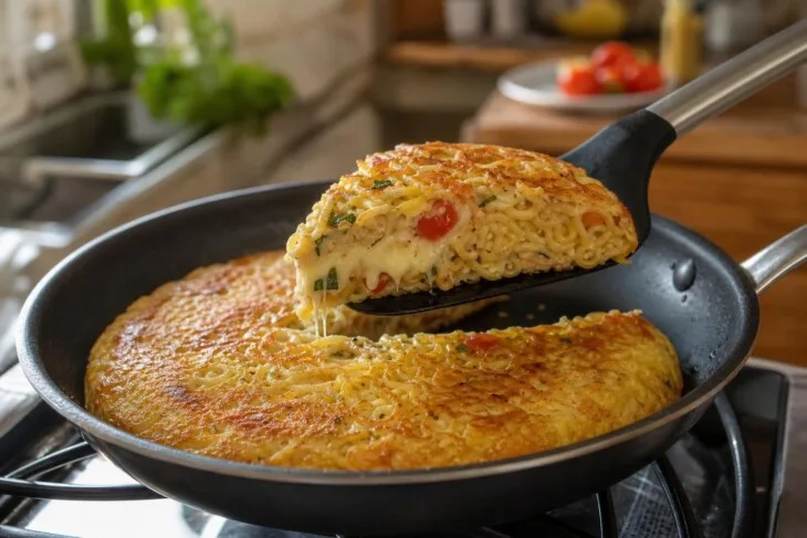 Fritada dourada de macarrão instantâneo com tomate e queijo em uma frigideira.