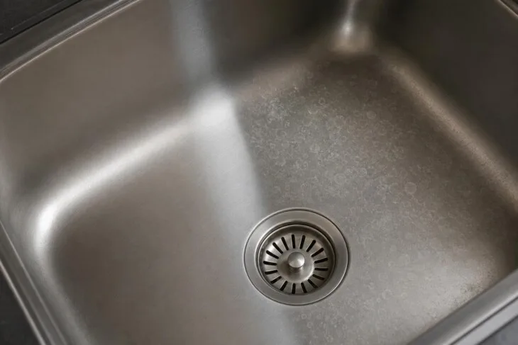 Pia de inox com marcas leves de água seca no fundo da cuba.