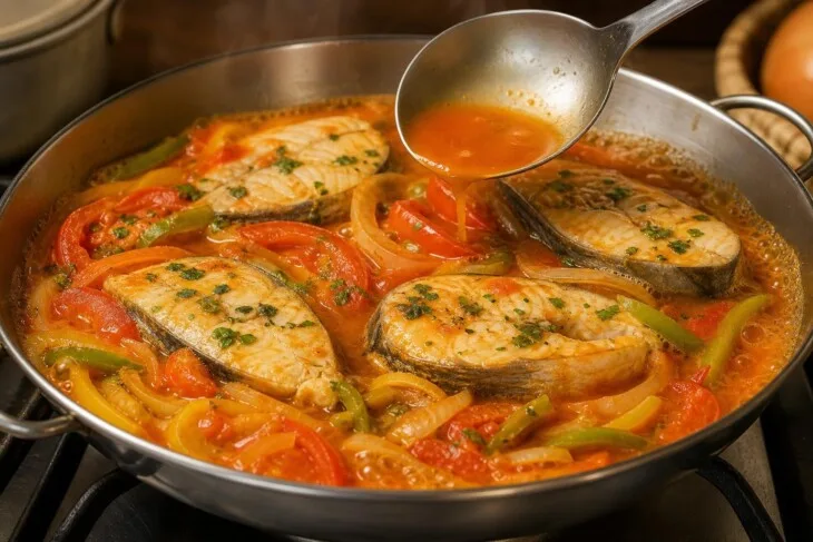 Postas de peixe cozinhando em fervura suave em uma panela de moqueca.