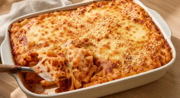 Macarrão gratinado de uma travessa: cremoso, dourado e com pouca louça