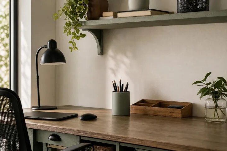 Home office com prateleira de madeira reaproveitada, porta-lápis de lata e pote de vidro em paleta coordenada.