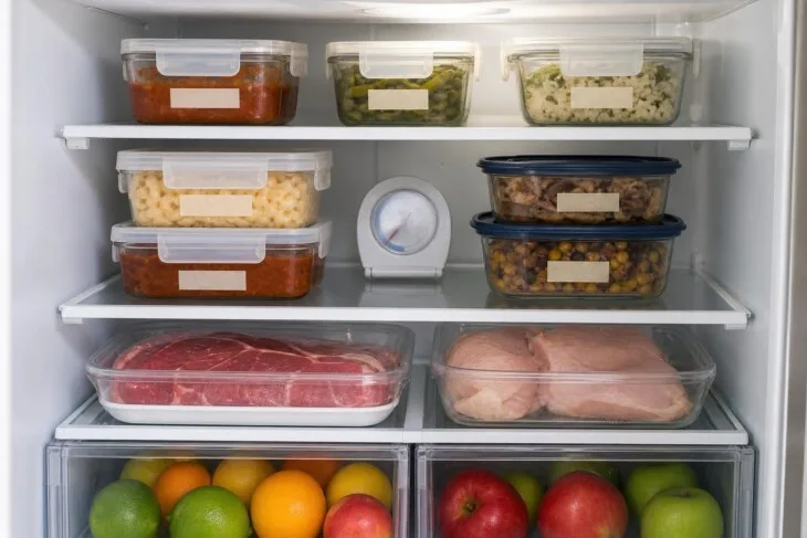 Geladeira organizada com sobras em recipientes fechados acima e carne crua vedada na prateleira inferior.