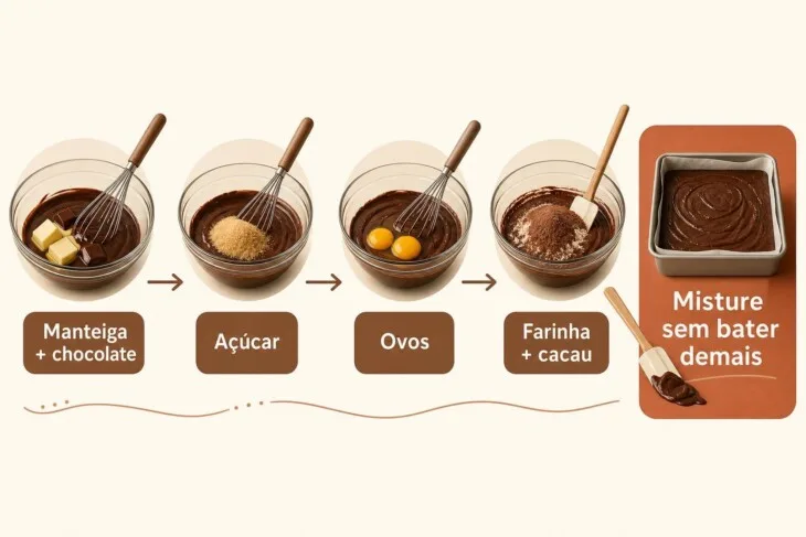 Infográfico mostra a ordem de mistura para preparar brownie denso.