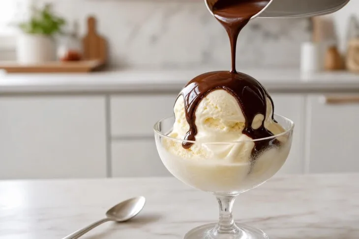 Chocolate formando casquinha crocante sobre sorvete gelado.