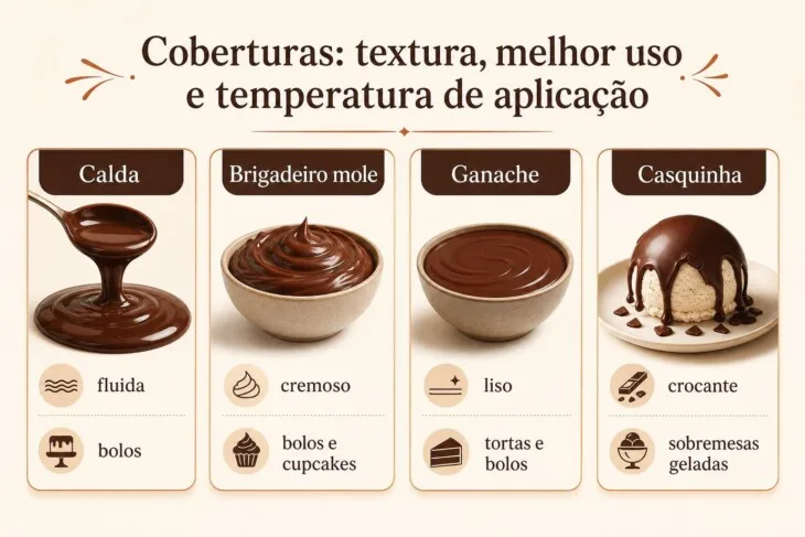Infográfico comparando calda, brigadeiro mole, ganache e casquinha crocante.