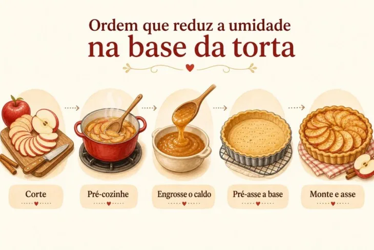 Infográfico com as etapas para evitar base úmida em torta de maçã.