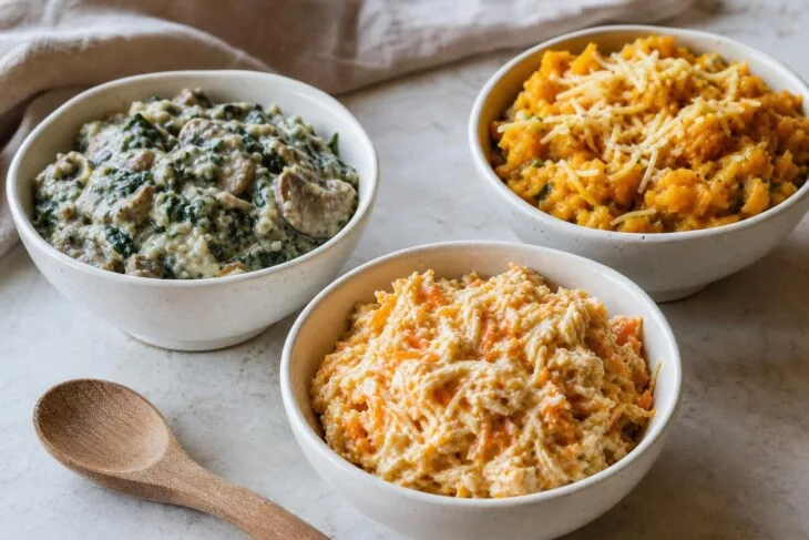 Tigelas com recheios de frango, cogumelos e abóbora preparados sem excesso de líquido.