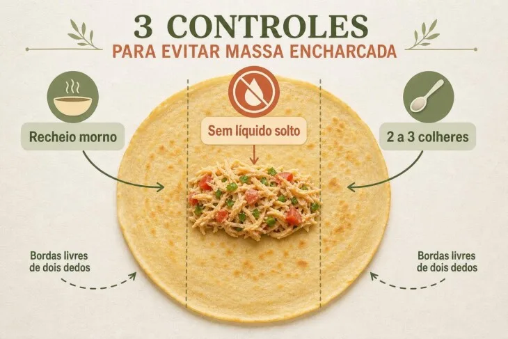 Infográfico mostra a porção central e a quantidade adequada de recheio para montar um crepe.