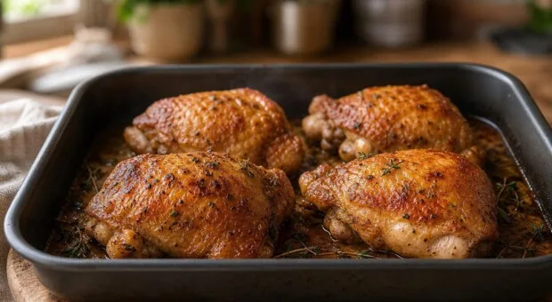 Coxa e sobrecoxa douradas sem fritura: o forno faz o trabalho em etapas
