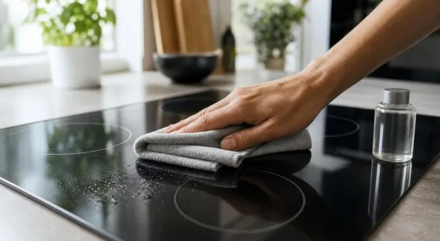 Cooktop engordurado sem riscos: pano macio e produto frio protegem a superfície