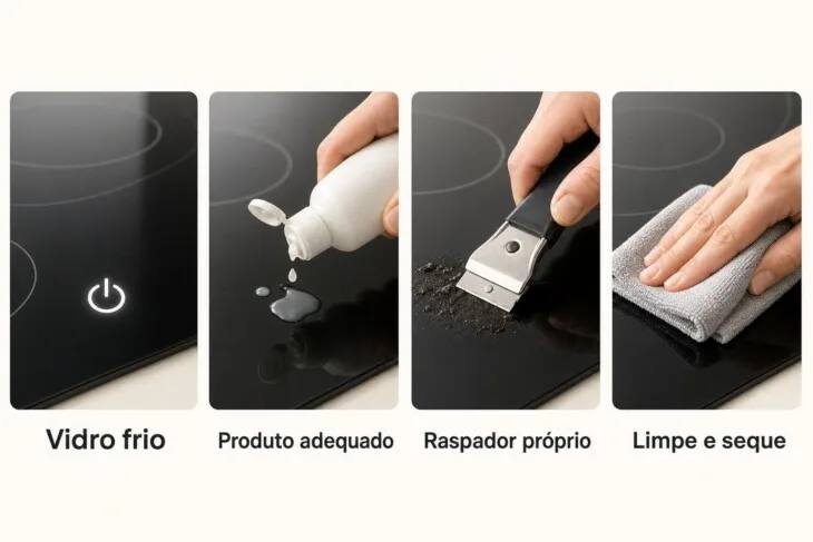 Infográfico mostra a sequência para remover crosta de um cooktop de vidro: esfriar, aplicar produto, usar raspador próprio e secar.