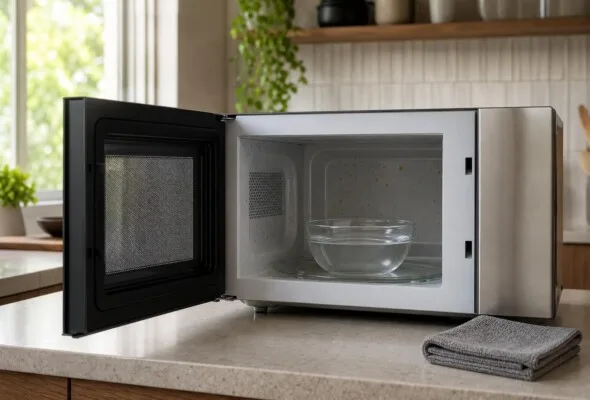 Micro-ondas com cheiro de comida: vapor amolece resíduos antes do pano