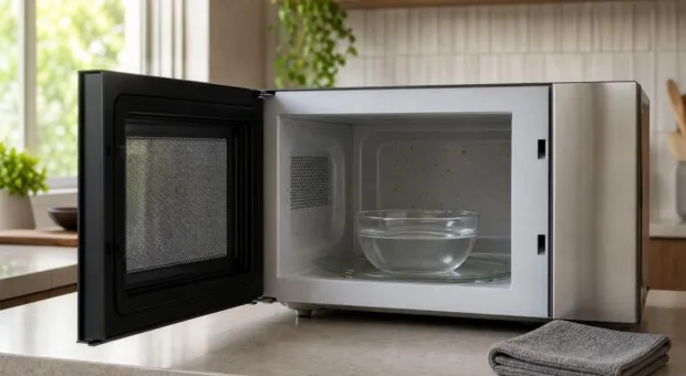 Micro-ondas com cheiro de comida: vapor amolece resíduos antes do pano