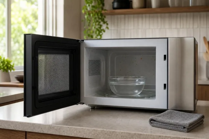 Micro-ondas com cheiro de comida: vapor amolece resíduos antes do pano