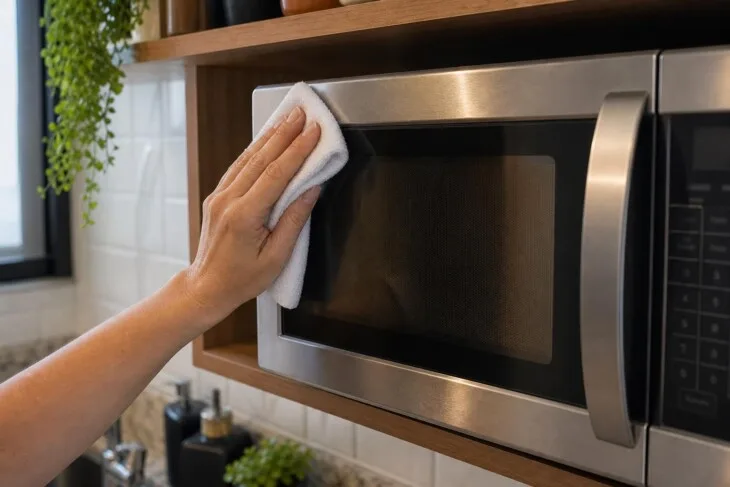 Pessoa limpa o painel externo do micro-ondas com pano de microfibra pouco úmido.