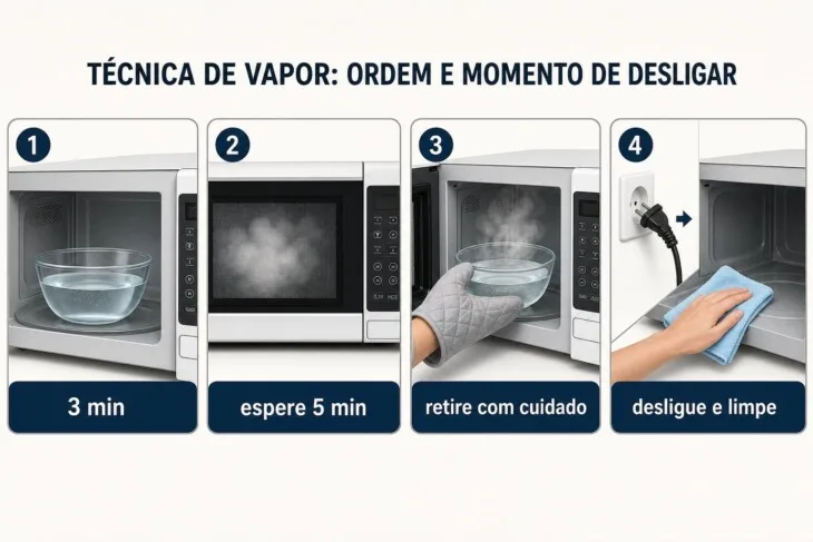 Infográfico com quatro etapas para usar vapor de água antes de limpar o micro-ondas.